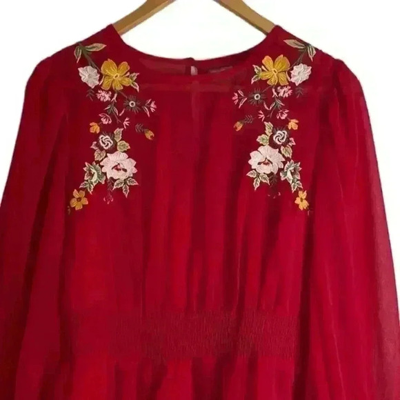 ASOS Red Embroidered Sheer Sleeve Mini Dress Elastic Waist Keyhole Back Size 8 - Picture 4 of 10